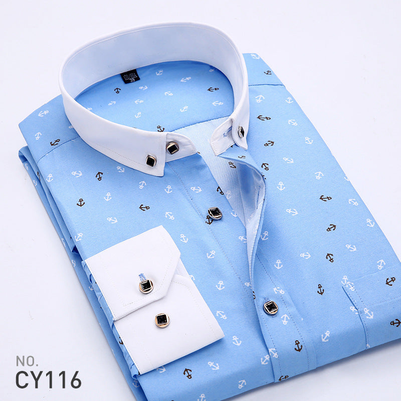 New Men's Printed Long-Sleeved Shirt, Korean Style Slim Fit, Youth