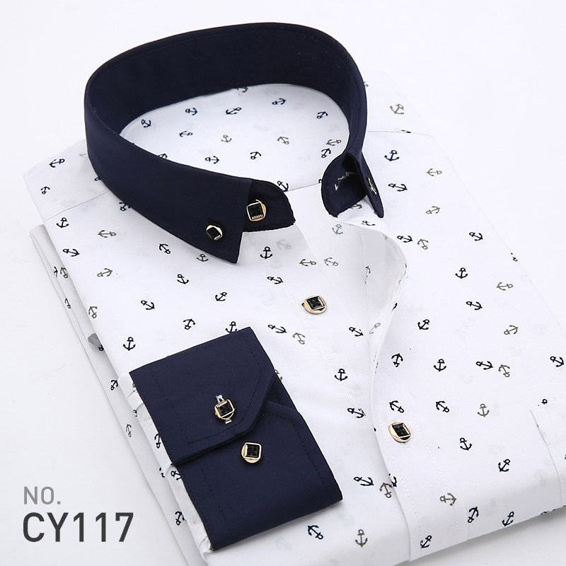 New Men's Printed Long-Sleeved Shirt, Korean Style Slim Fit, Youth