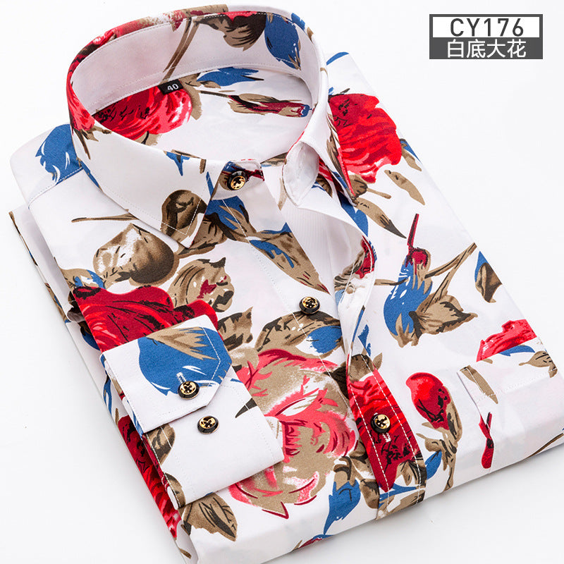 New Men's Printed Long-Sleeved Shirt, Korean Style Slim Fit, Youth