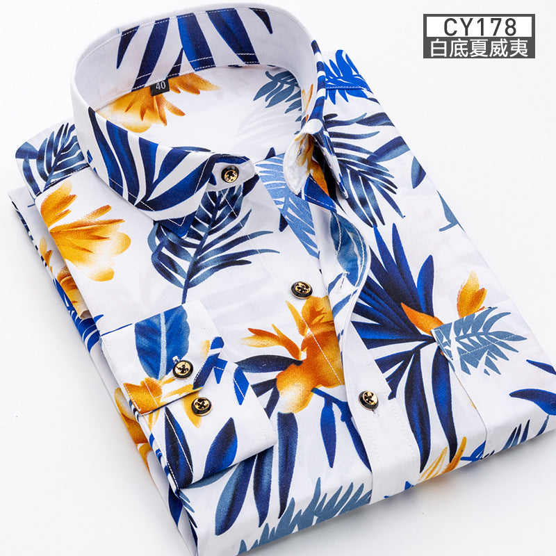New Men's Printed Long-Sleeved Shirt, Korean Style Slim Fit, Youth