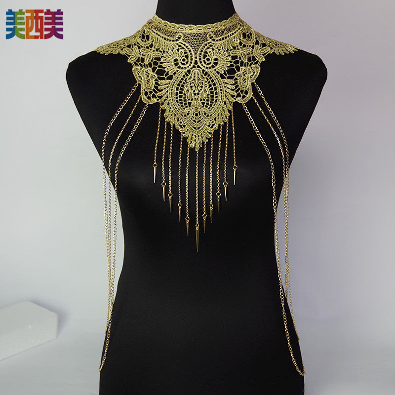 Jewelry Body Chain Jewelry Gold Lace Multi-Layer Tassel Necklace Body Chain