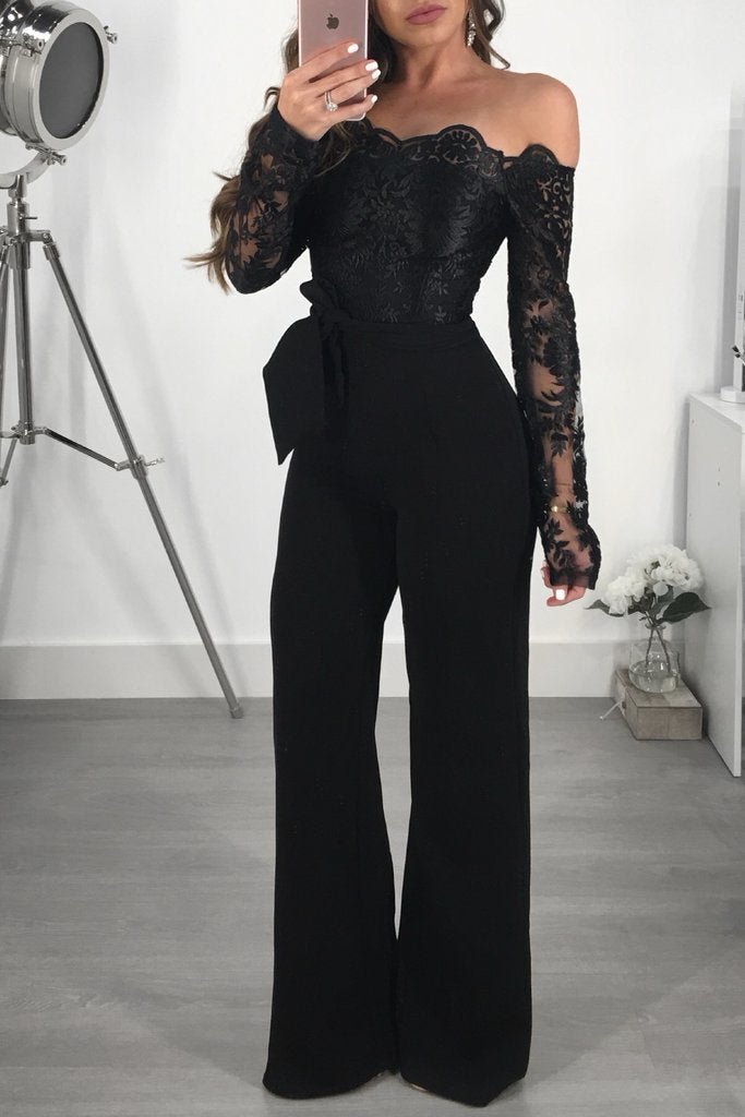 Sj3227 Casual Women's Water-Soluble Lace One-Line Collar Wide-Leg Jumpsuit