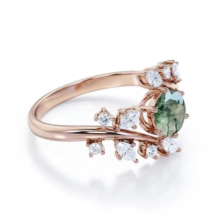 925 Sterling Silver Rose Gold Plated Moss Agate Prong Setting Floral