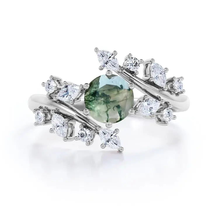 925 Sterling Silver Rose Gold Plated Moss Agate Prong Setting Floral