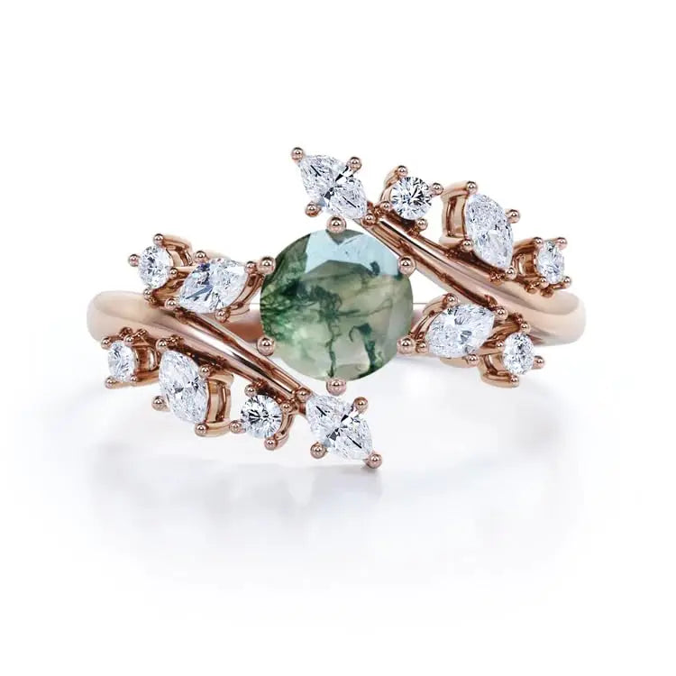 925 Sterling Silver Rose Gold Plated Moss Agate Prong Setting Floral