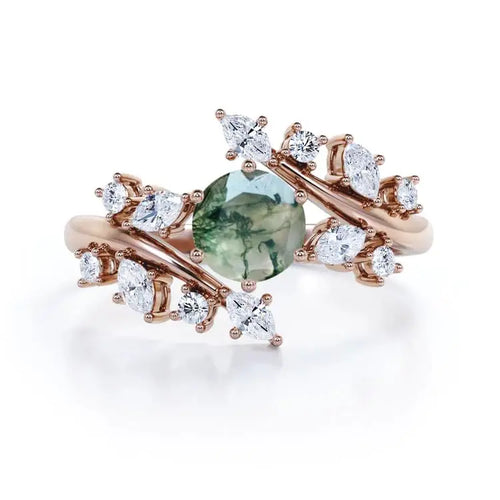 925 Sterling Silver Rose Gold Plated Moss Agate Prong Setting Floral