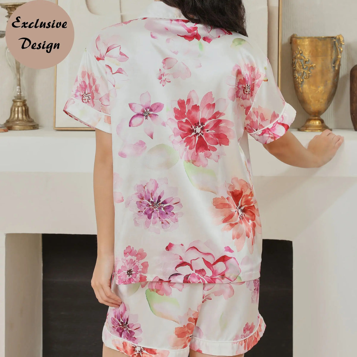 FUNG 8009 Silky Satin Floral Bridesmaid Pajamas, Watercolor Print Short