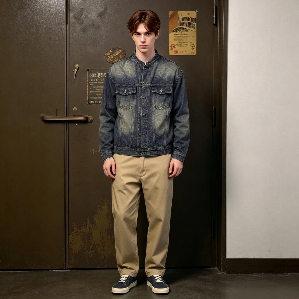 US Ready Stock Men's Vintage Washed Denim Jacket Blue Trucker Jacket