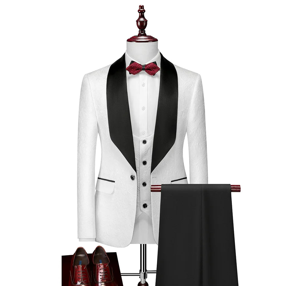 Men's ( Jacket+Vest+Pants ) Wedding Suits White Jacquard Black Satin