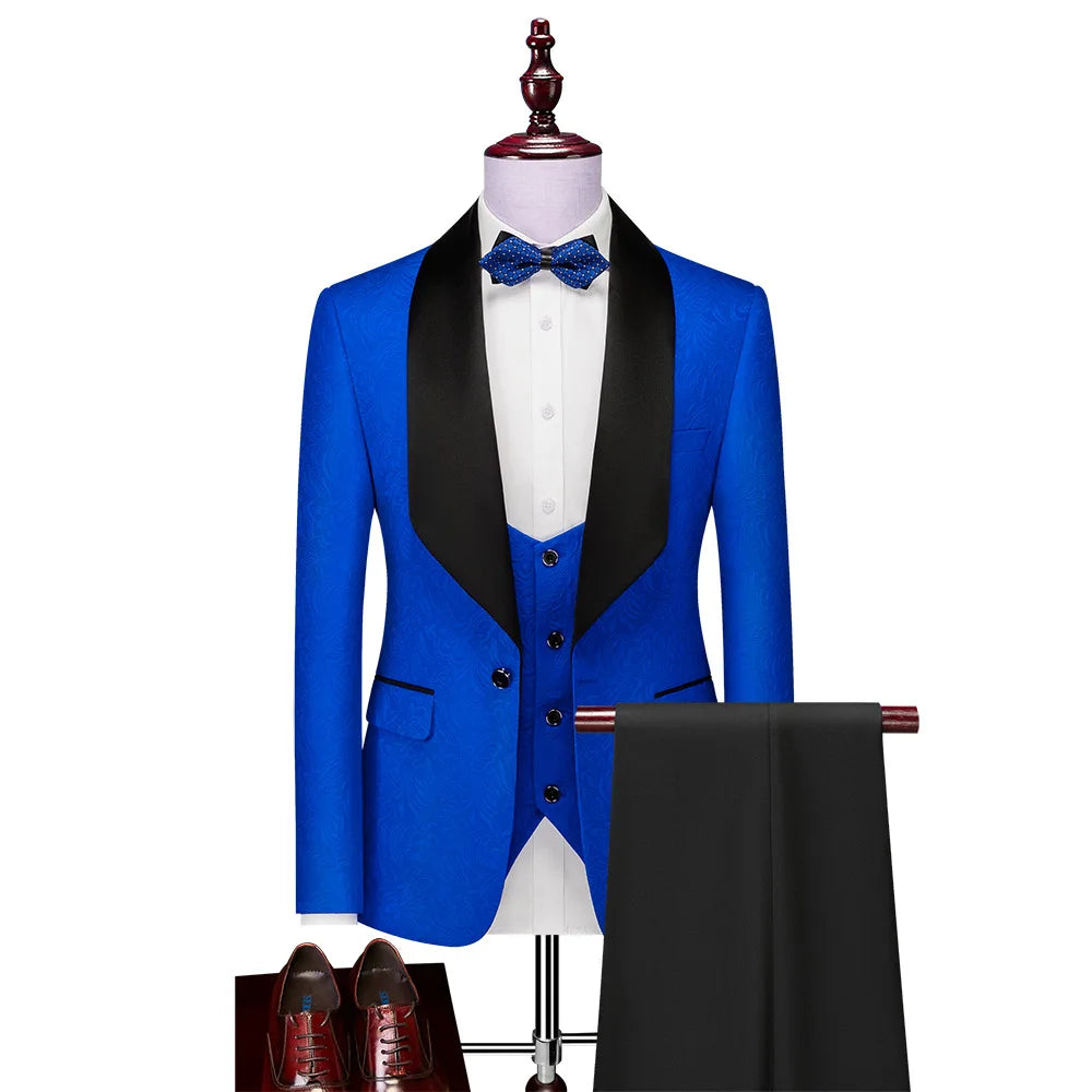 Men's ( Jacket+Vest+Pants ) Wedding Suits White Jacquard Black Satin