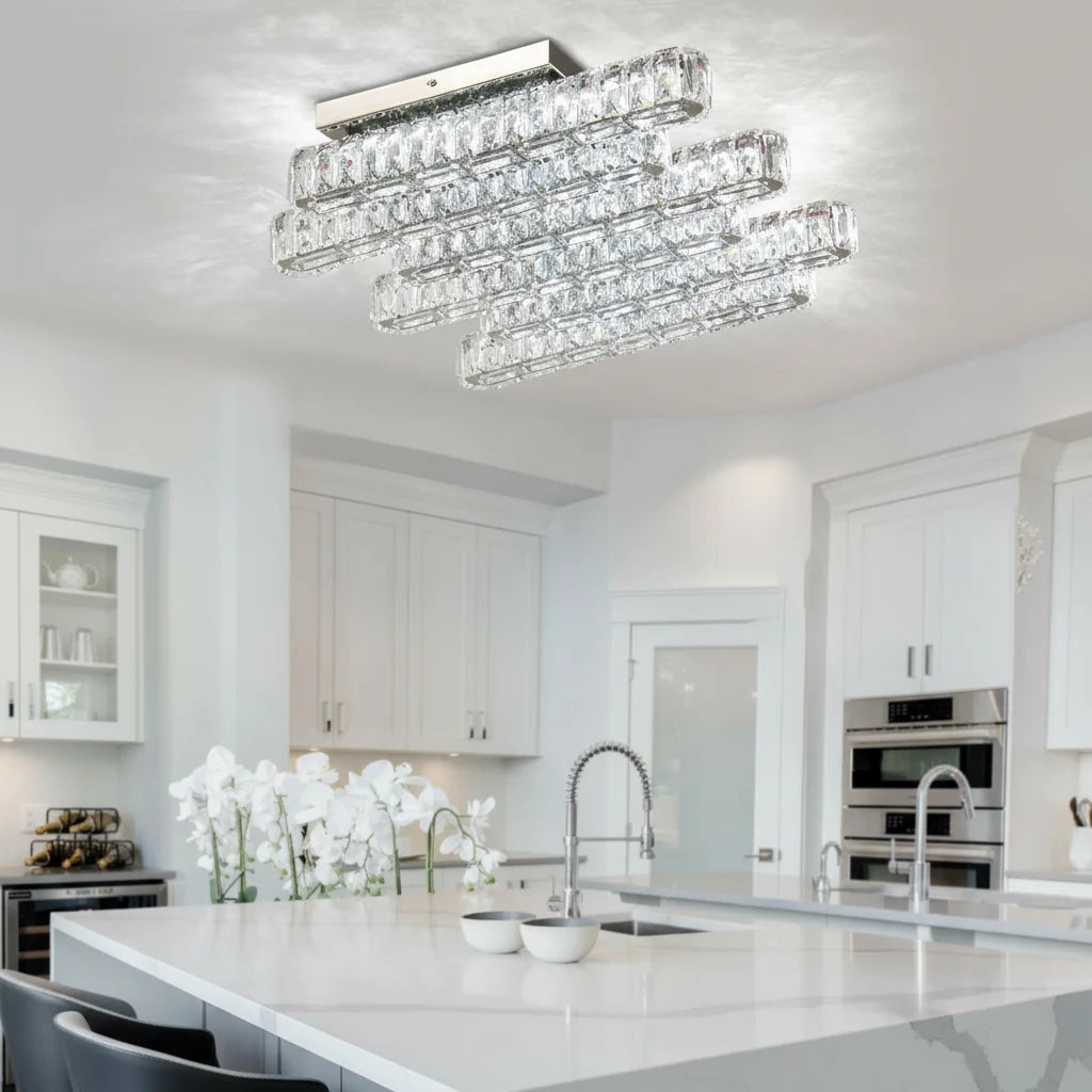 Modern Luxury Crystal LED Ceiling Light, 3 Color Dimmable with Remote
