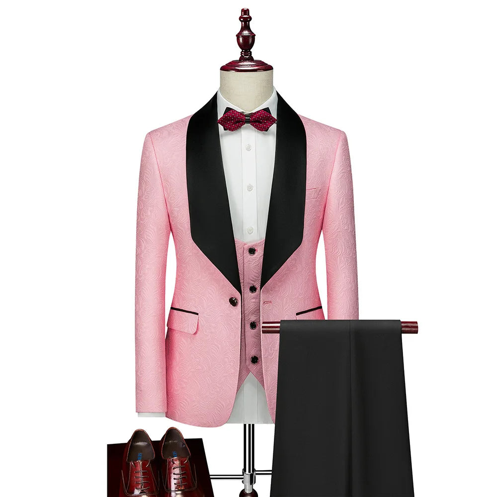 Men's ( Jacket+Vest+Pants ) Wedding Suits White Jacquard Black Satin
