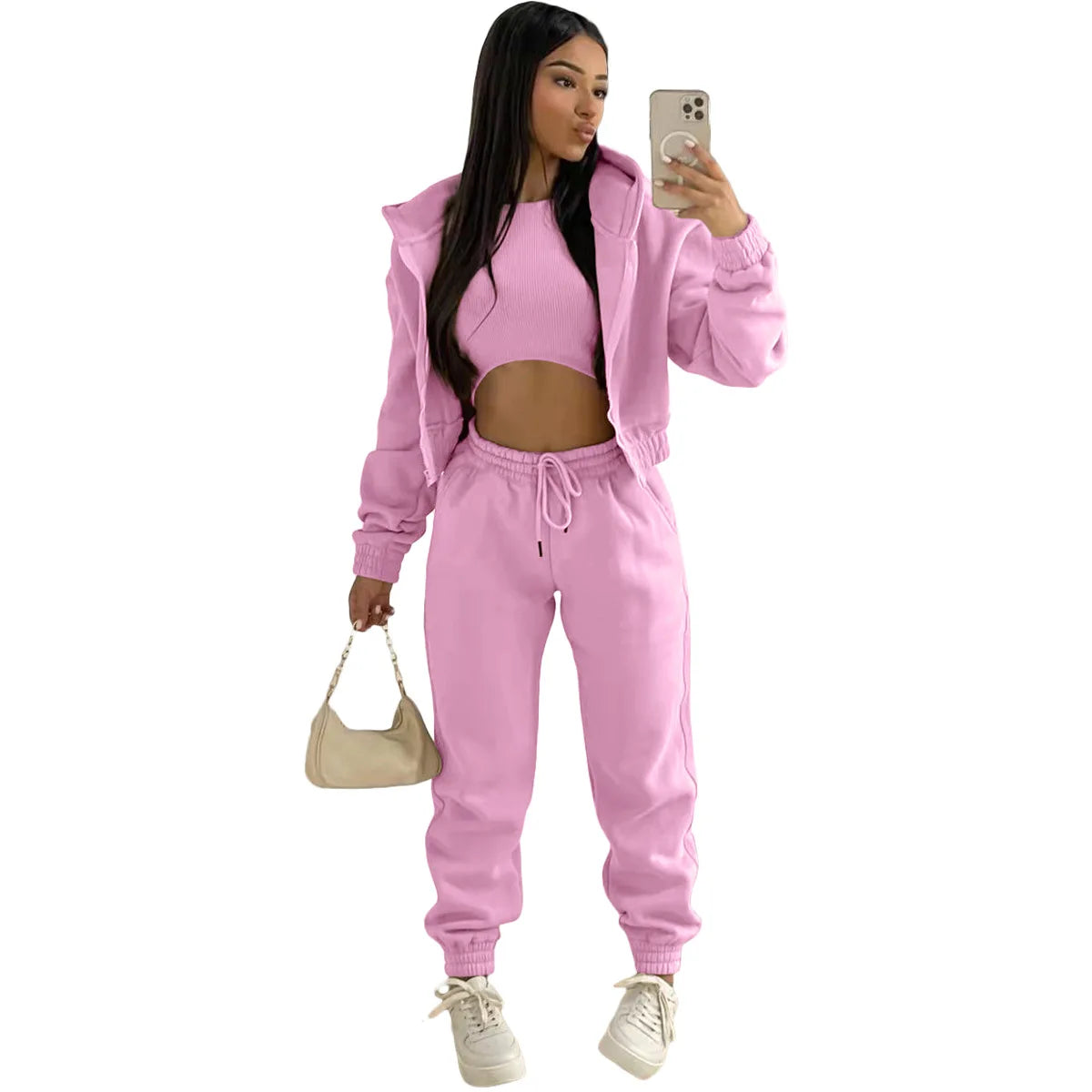 Women Tracksuit Casual Hooded Sport 3 Pieces Set Solid Color Long Sleeve