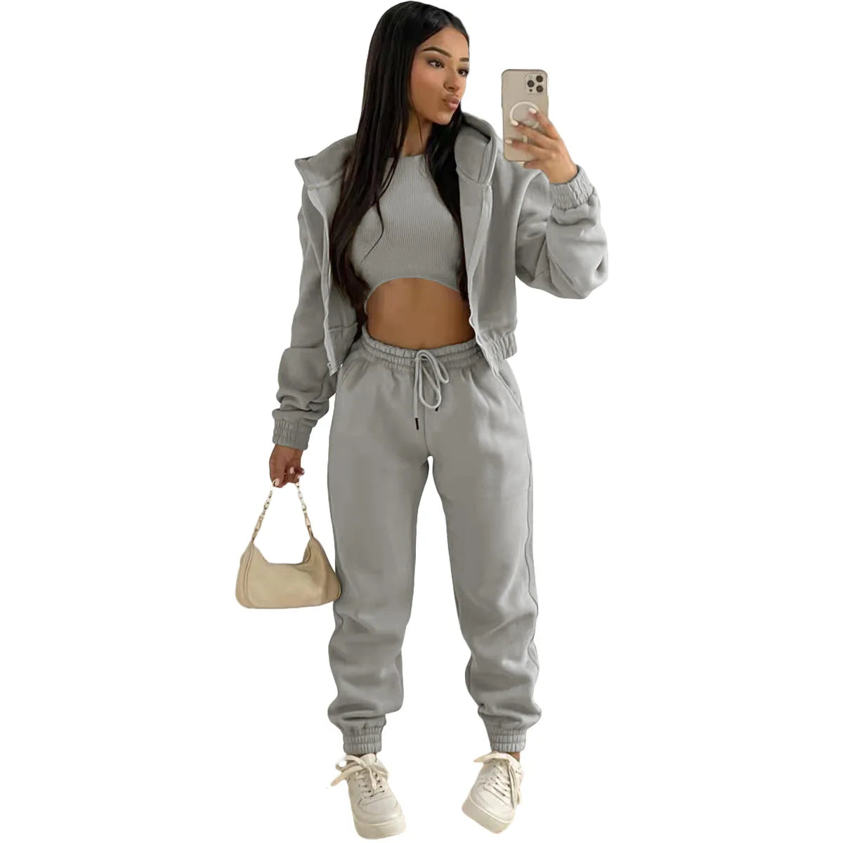 Women Tracksuit Casual Hooded Sport 3 Pieces Set Solid Color Long Sleeve