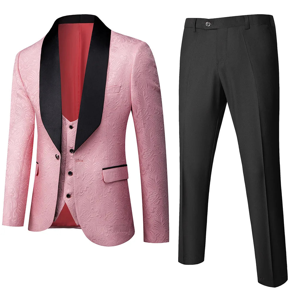 Men's ( Jacket+Vest+Pants ) Wedding Suits White Jacquard Black Satin