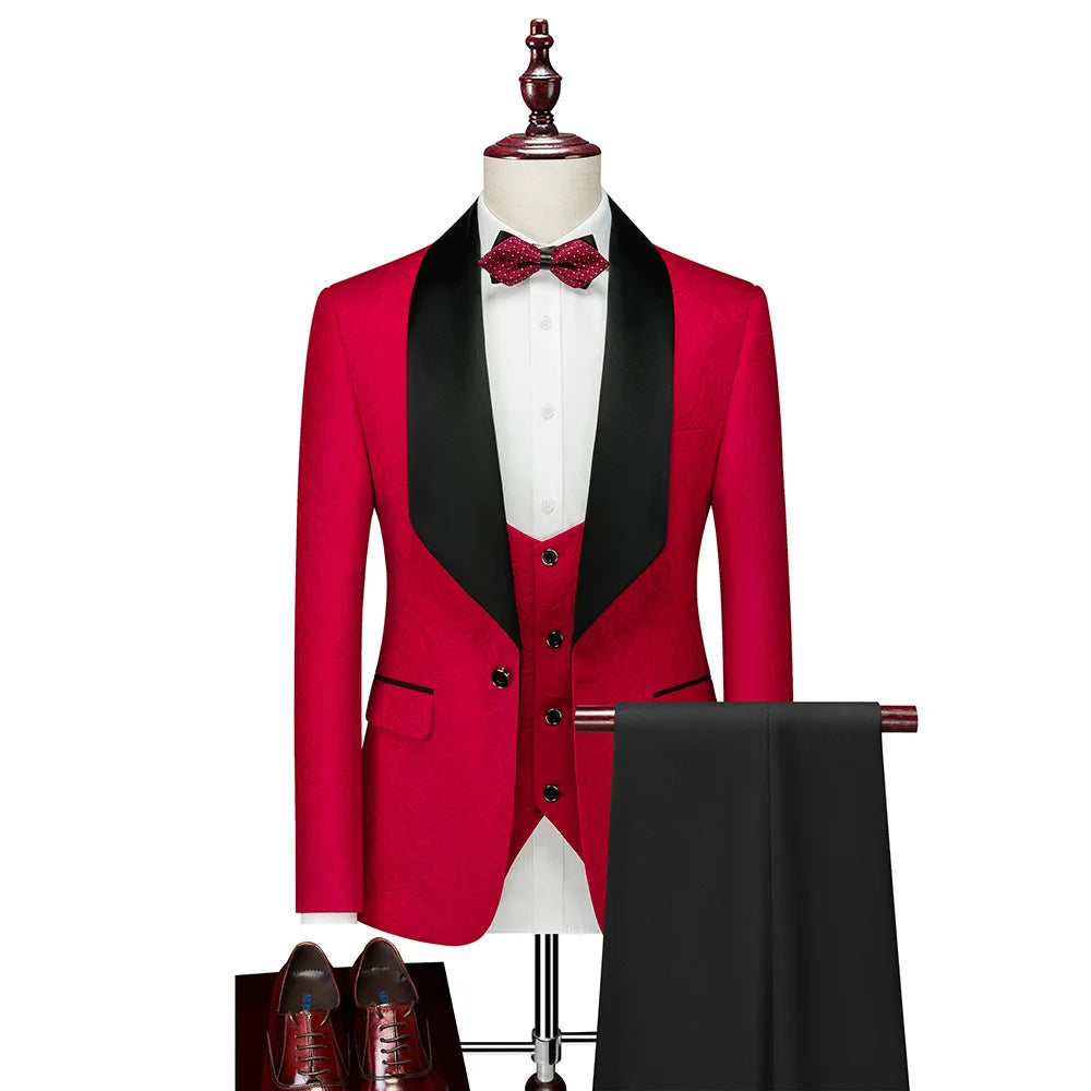 Men's ( Jacket+Vest+Pants ) Wedding Suits White Jacquard Black Satin