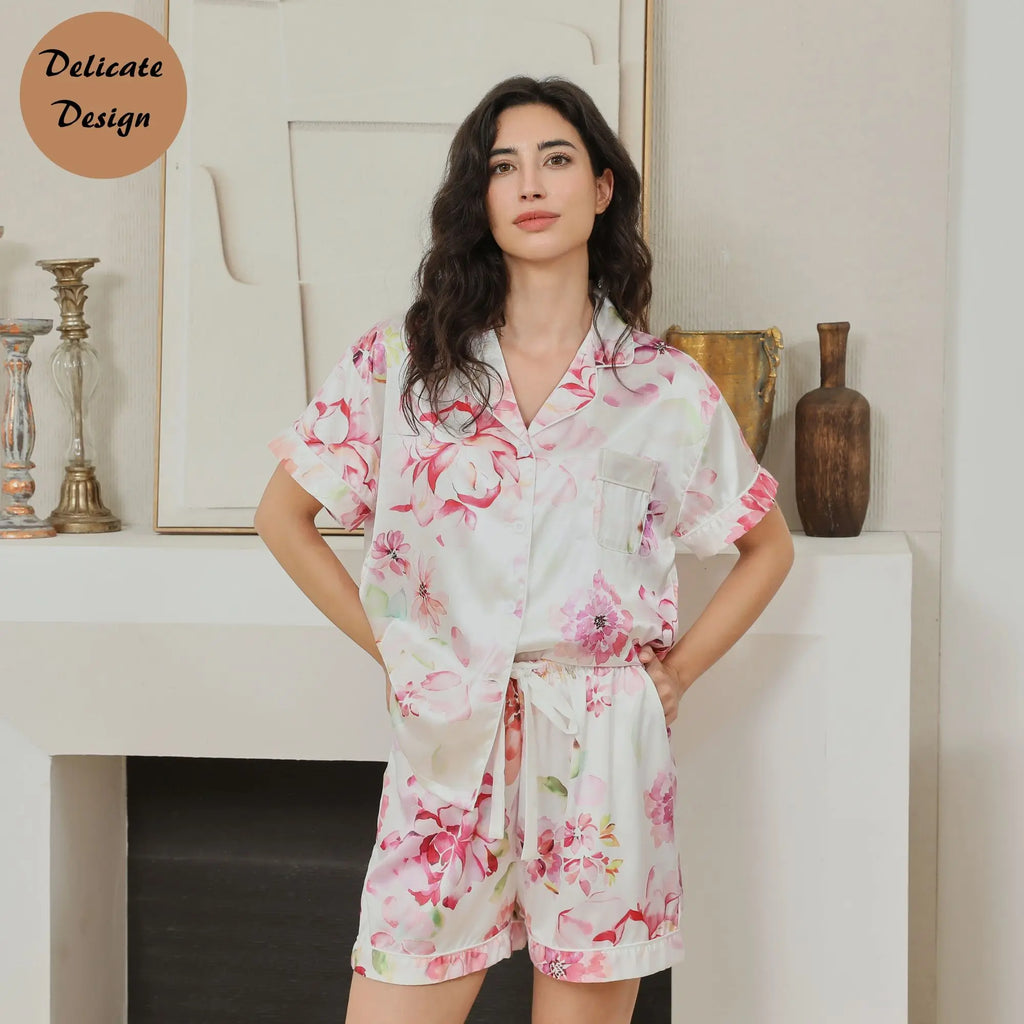 FUNG 8009 Silky Satin Floral Bridesmaid Pajamas, Watercolor Print Short