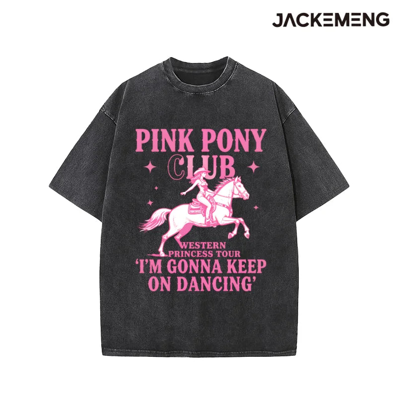 Oversized Solid Pink Outline Cowgirl Riding Horse Star Western Print
