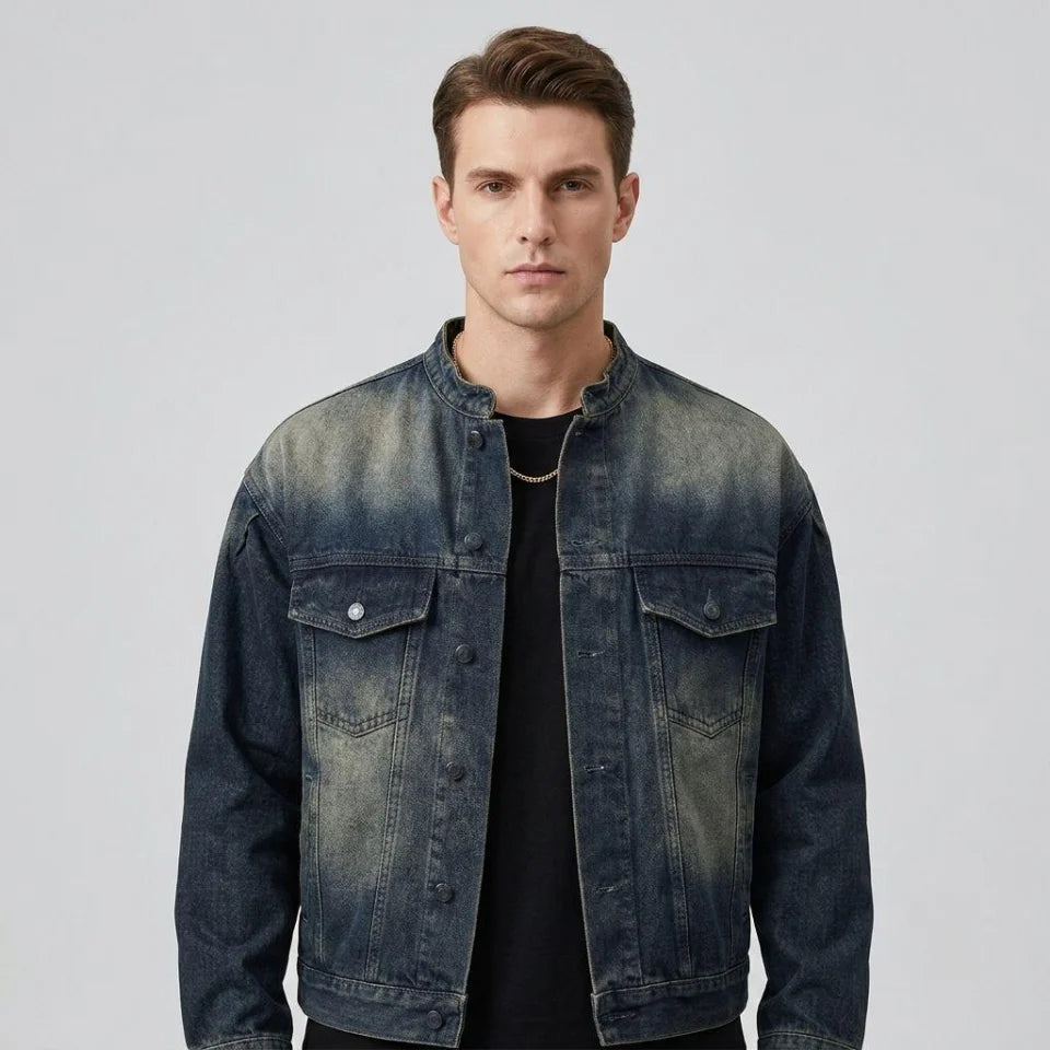 US Ready Stock Men's Vintage Washed Denim Jacket Blue Trucker Jacket