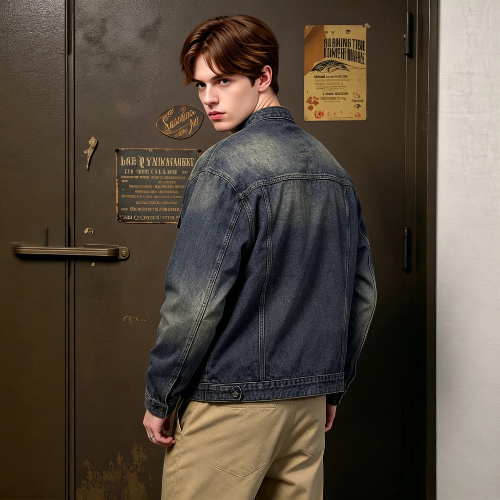 US Ready Stock Men's Vintage Washed Denim Jacket Blue Trucker Jacket