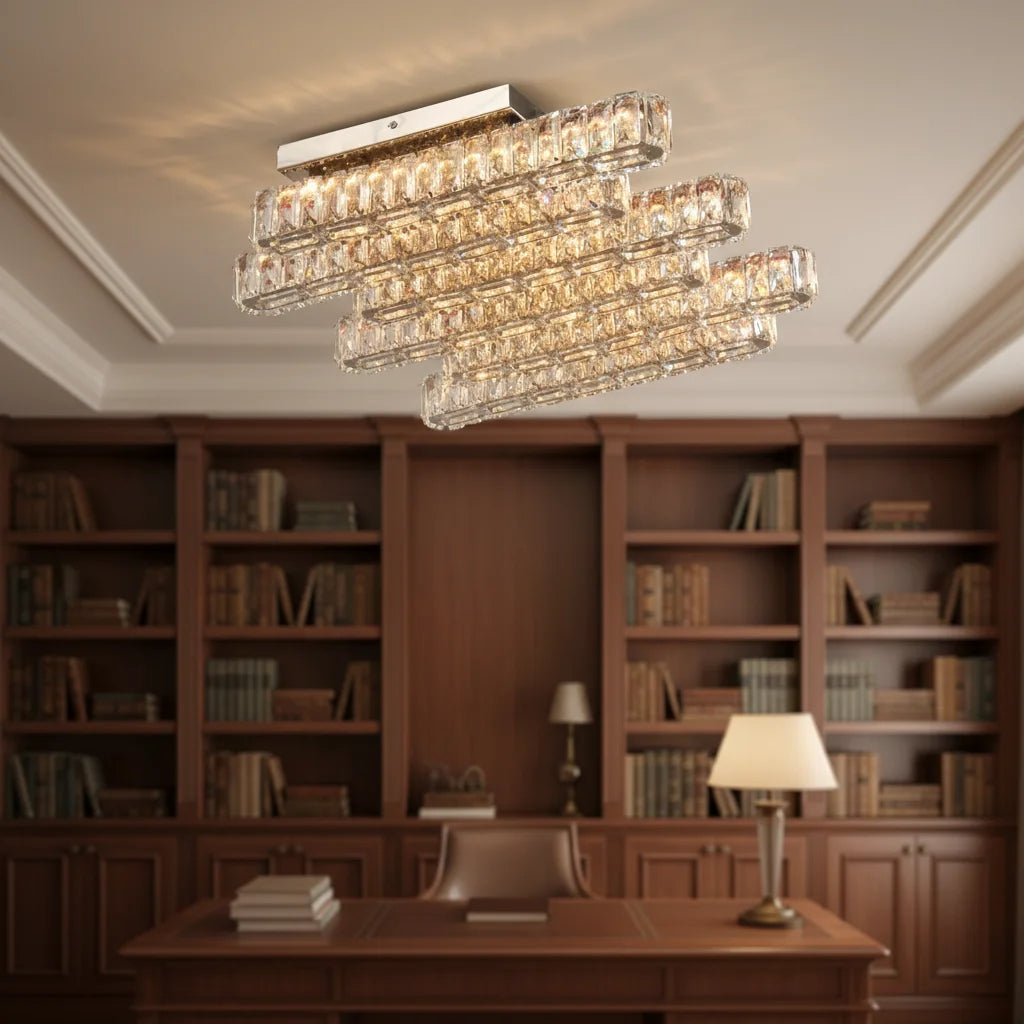 Modern Luxury Crystal LED Ceiling Light, 3 Color Dimmable with Remote