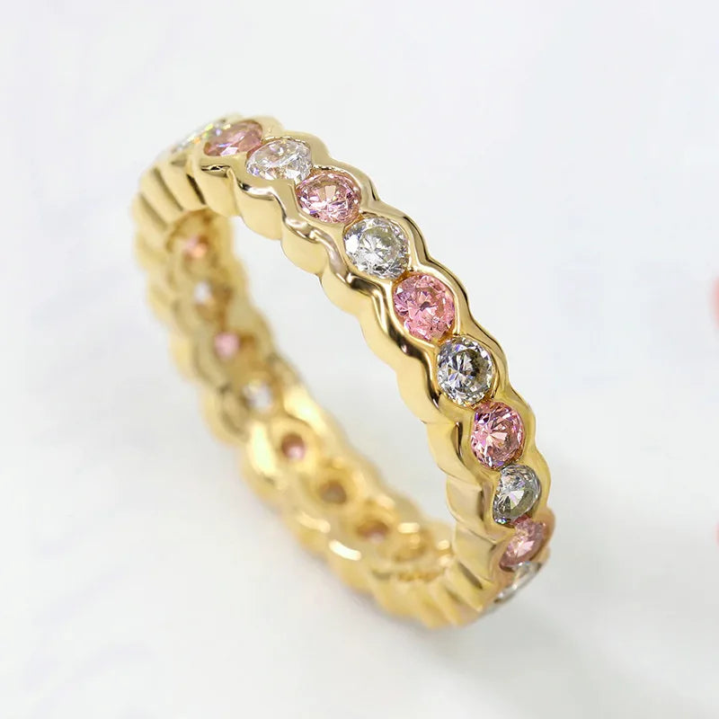 Q886 Women's Gold Eternity Band Ring Round Brilliant Cut Crystal