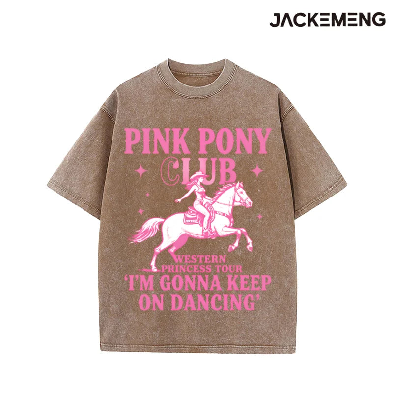 Oversized Solid Pink Outline Cowgirl Riding Horse Star Western Print
