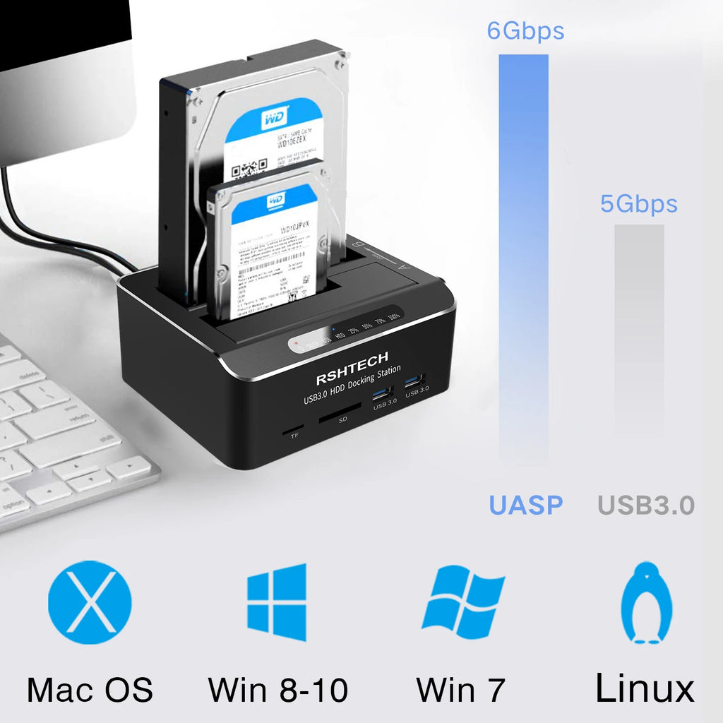 RSHTECH Docking Station HDD with SD/TF Card Reader 16TB USB 3.0 HDD