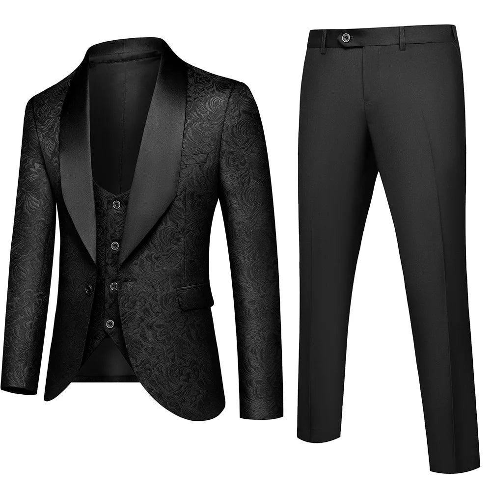 Men's ( Jacket+Vest+Pants ) Wedding Suits White Jacquard Black Satin