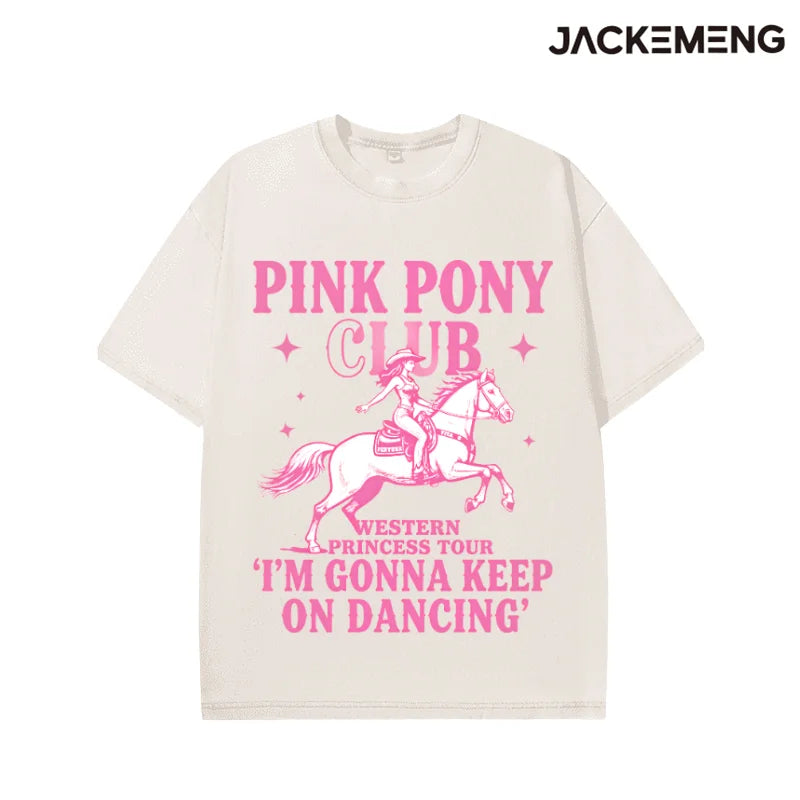 Oversized Solid Pink Outline Cowgirl Riding Horse Star Western Print