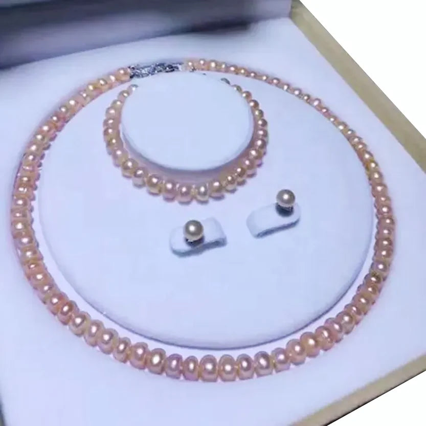Factory Price AA 7-8mm Button Round Natural Freshwater Pearl Jewelry Set