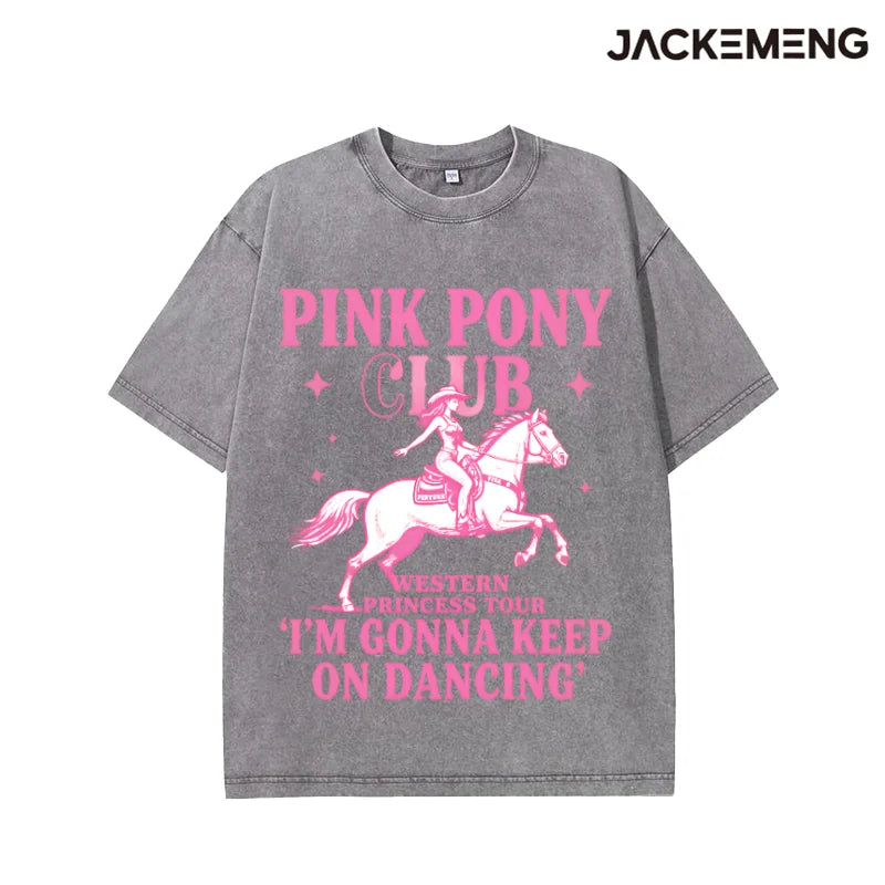 Oversized Solid Pink Outline Cowgirl Riding Horse Star Western Print