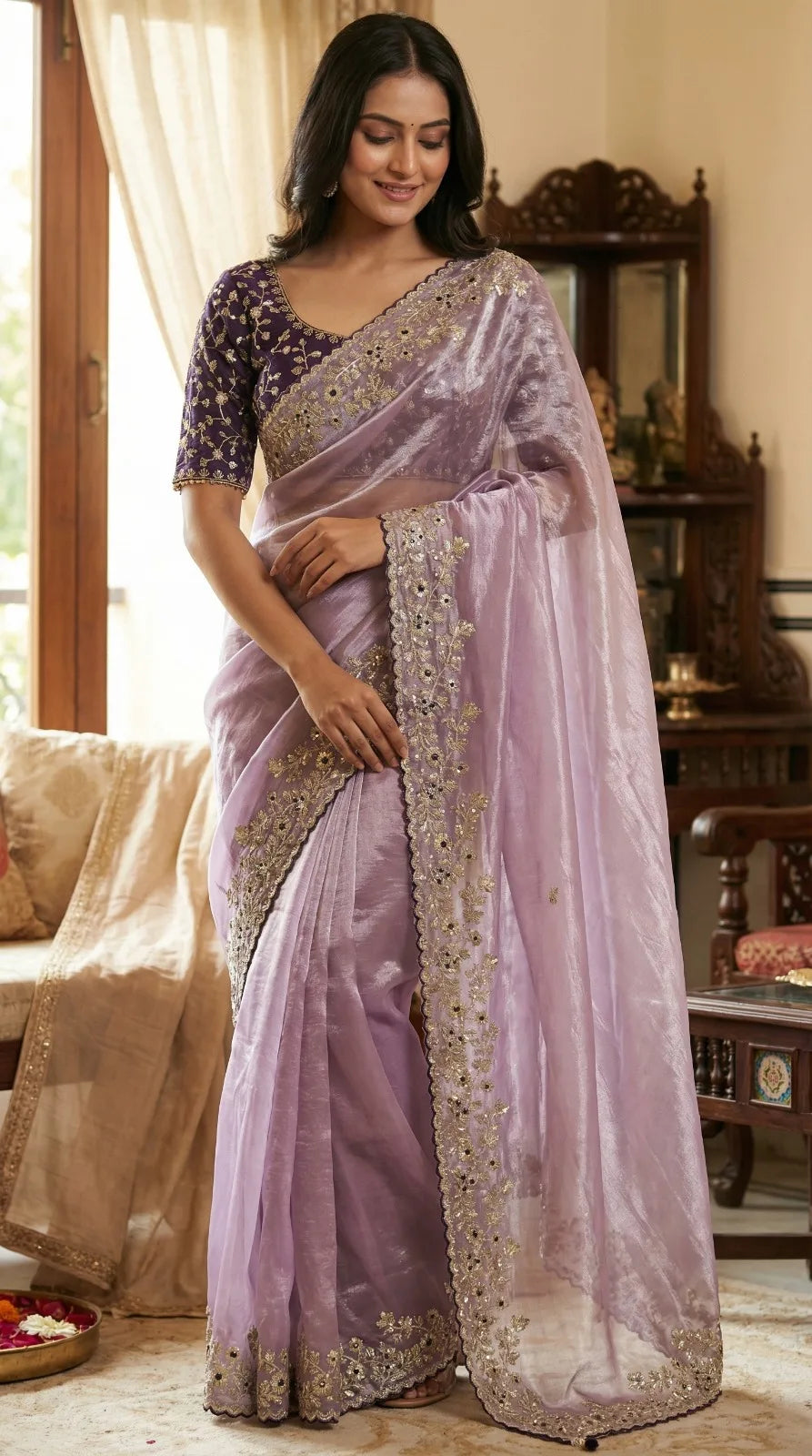 Premium Pure Fandy Satin Saree Heavy Sequence Work Pallu Elegant Cut Work