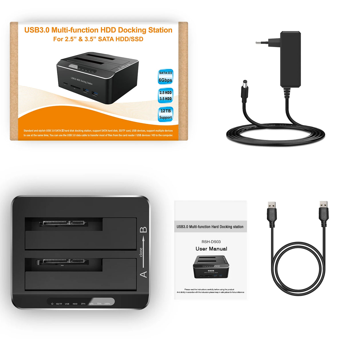 RSHTECH Docking Station HDD with SD/TF Card Reader 16TB USB 3.0 HDD