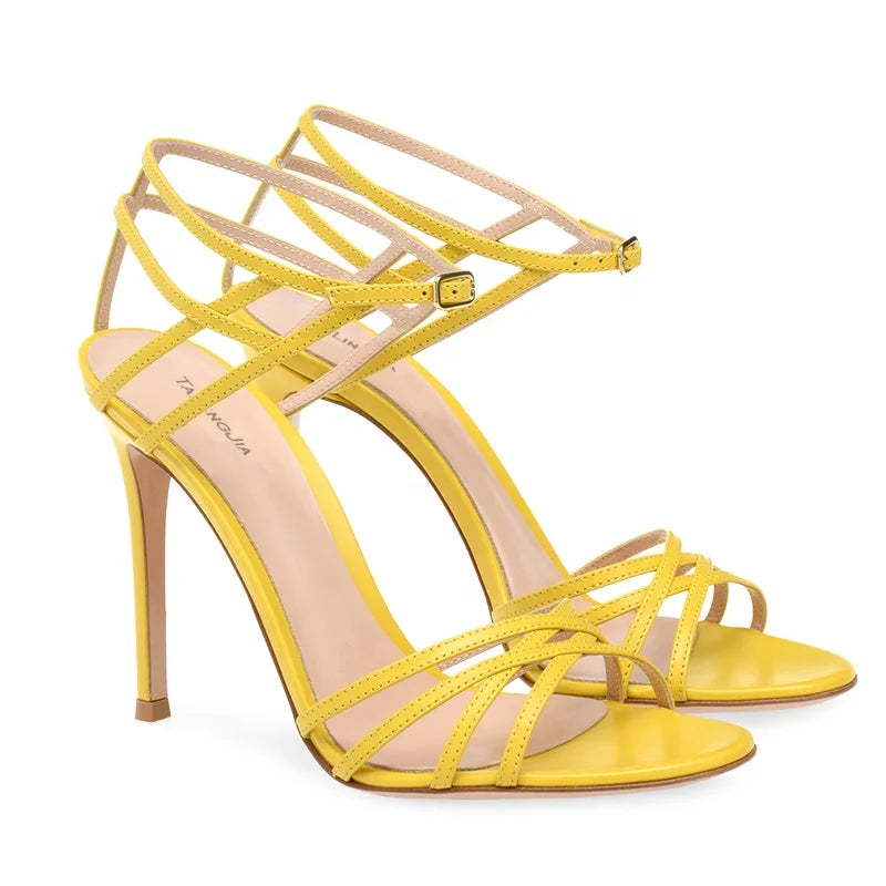 Chic Black High Heels for Woman Heeled Strappy Yellow Sandals