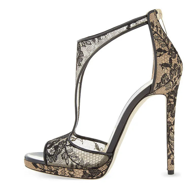 Beautiful Black Flower Mesh High Heels Stiletto Heel Peep Toe Sandals for