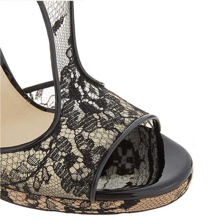 Beautiful Black Flower Mesh High Heels Stiletto Heel Peep Toe Sandals for
