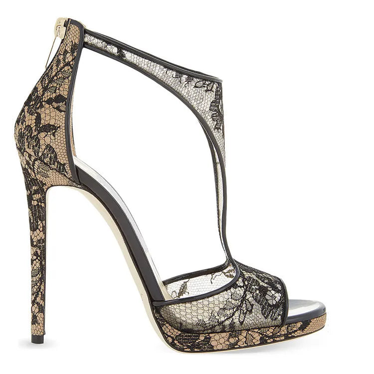 Beautiful Black Flower Mesh High Heels Stiletto Heel Peep Toe Sandals for