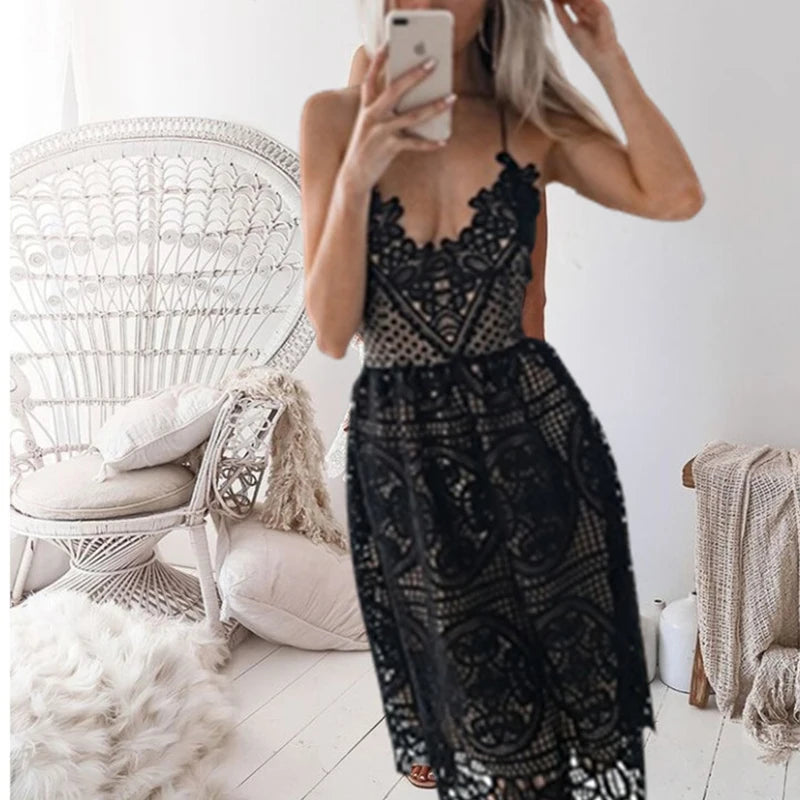Deep V Neck Lace Dresses Women Summer Sexy Elegant Party Night Dresses
