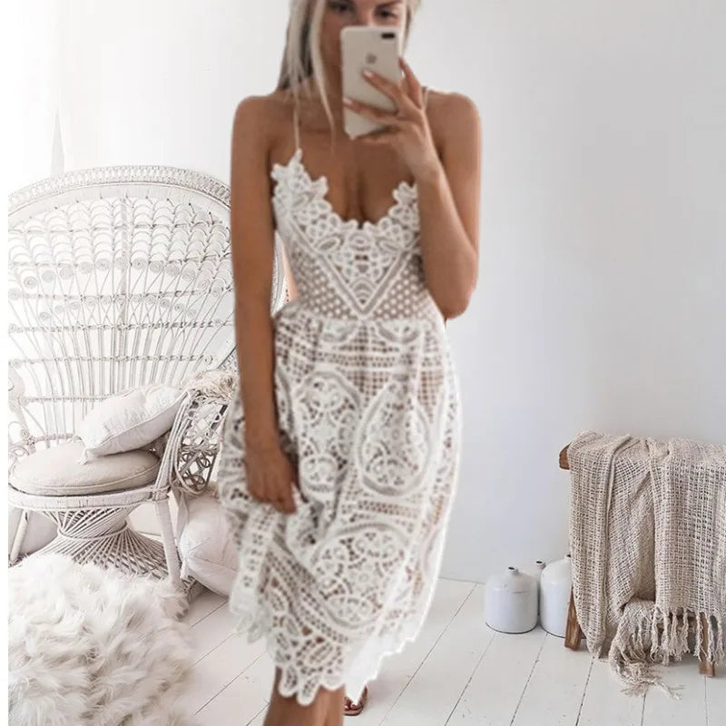 Deep V Neck Lace Dresses Women Summer Sexy Elegant Party Night Dresses