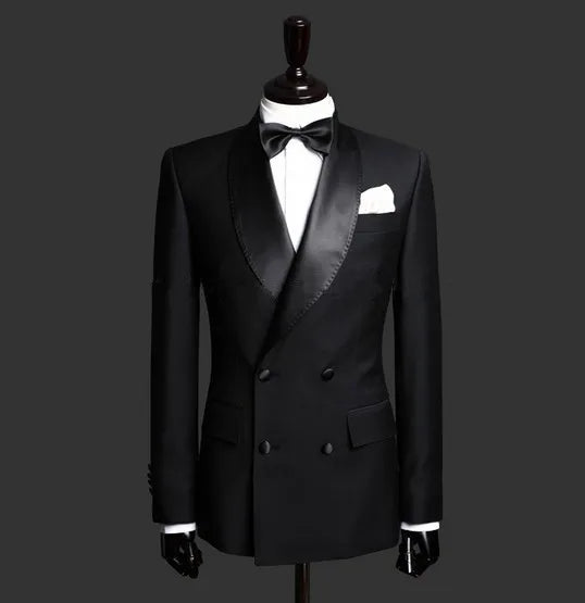 Black Formal Business Coat Pant Men Shawl Lapel Double Breasted Office