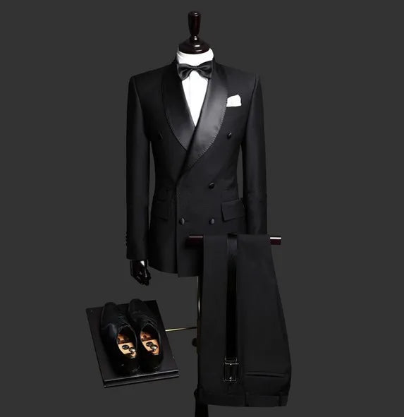 Black Formal Business Coat Pant Men Shawl Lapel Double Breasted Office