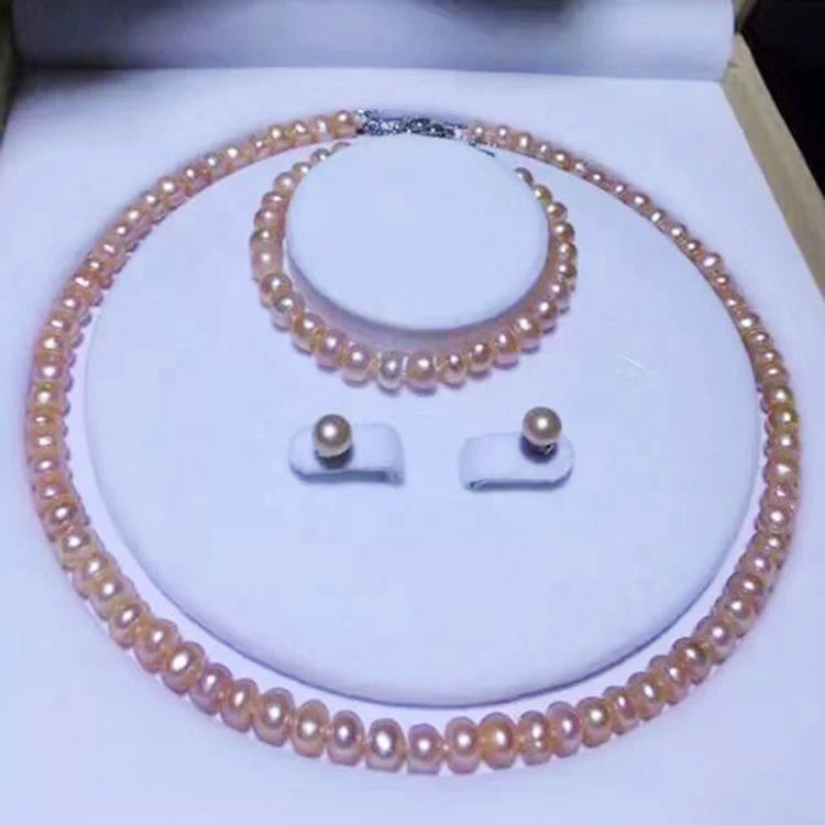 Factory Price AA 7-8mm Button Round Natural Freshwater Pearl Jewelry Set