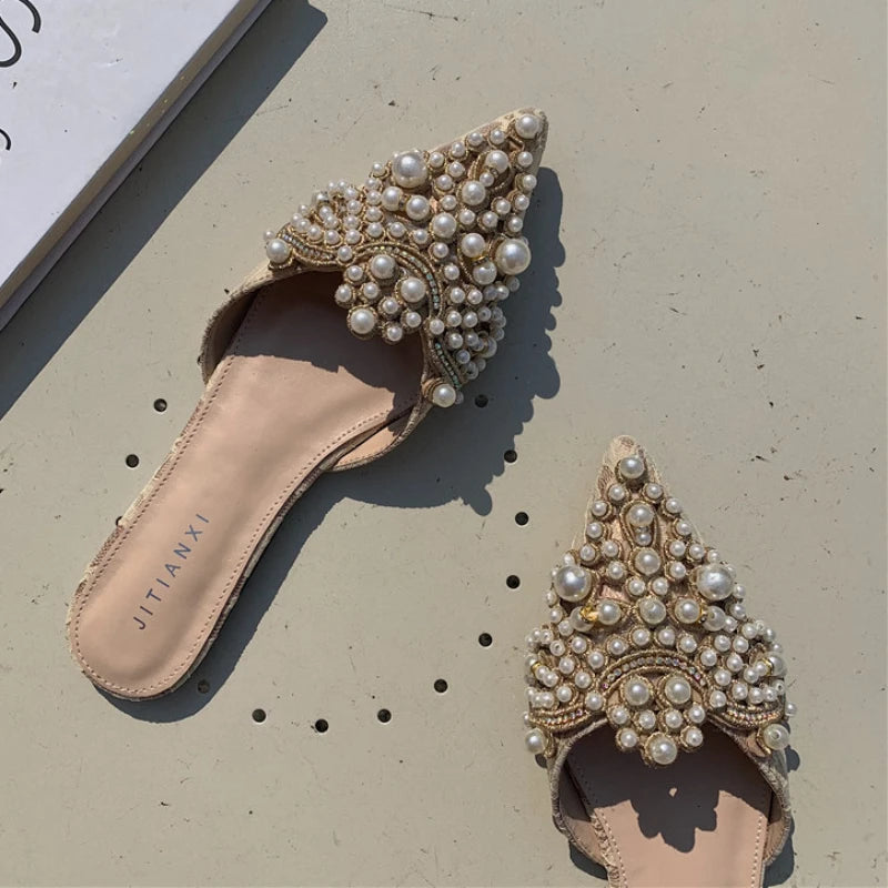 Pearl Style Sandalias De Playa Mules Fashion Flat Shoes Women Slippers for