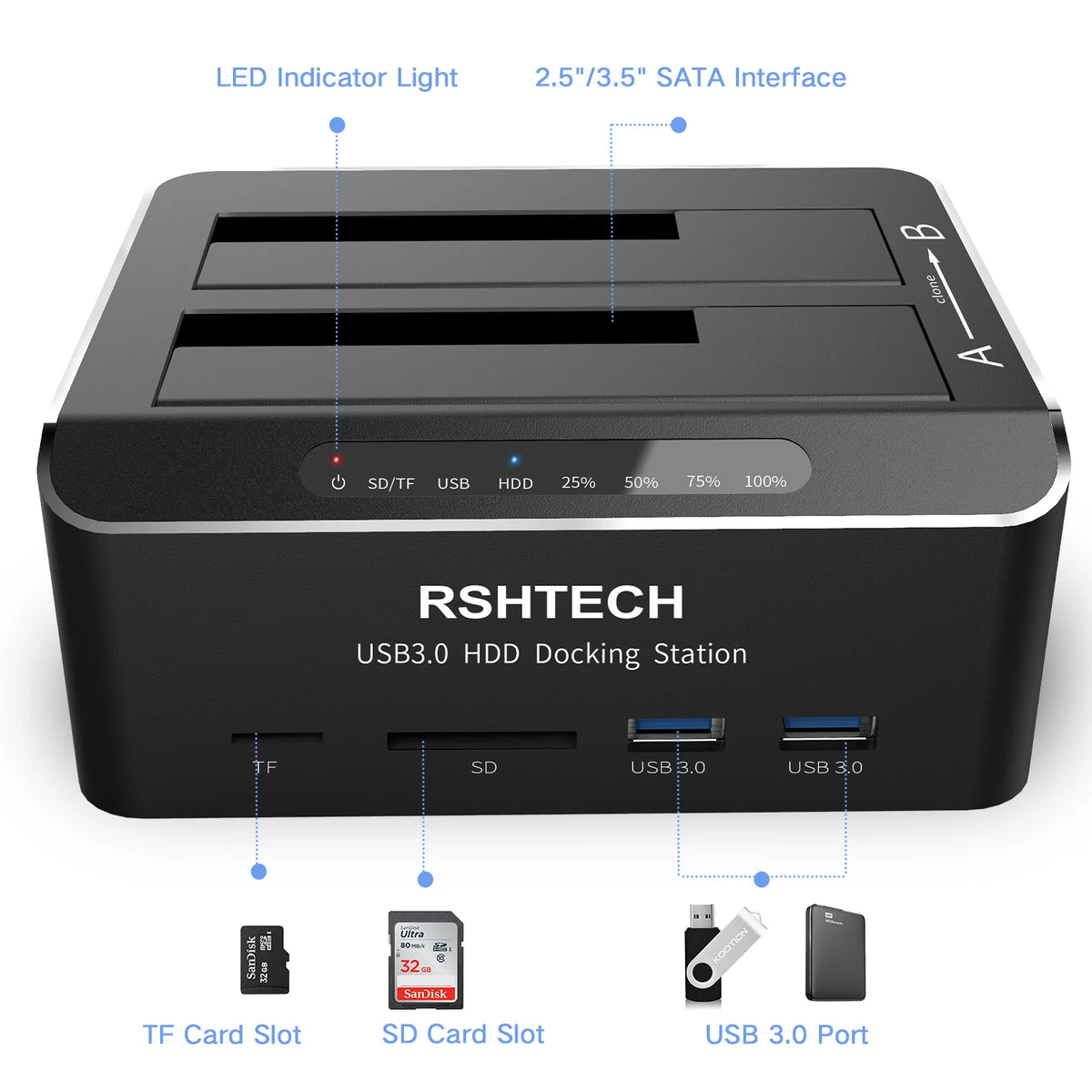 RSHTECH Docking Station HDD with SD/TF Card Reader 16TB USB 3.0 HDD