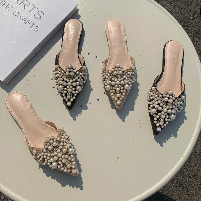 Pearl Style Sandalias De Playa Mules Fashion Flat Shoes Women Slippers for