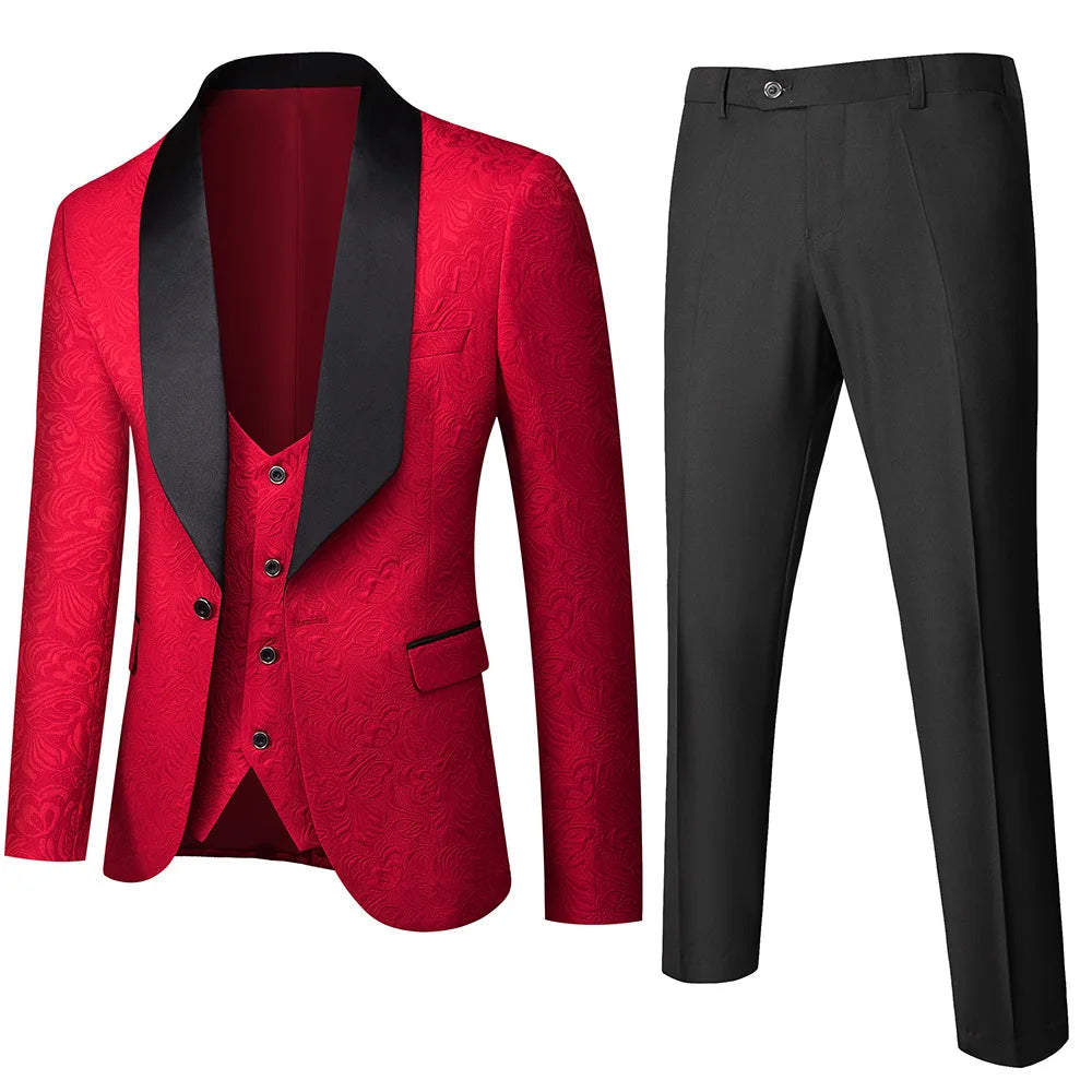 Men's ( Jacket+Vest+Pants ) Wedding Suits White Jacquard Black Satin