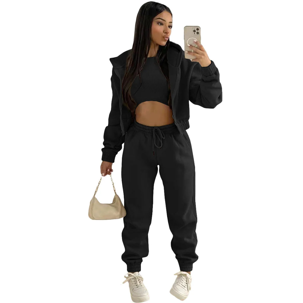 Women Tracksuit Casual Hooded Sport 3 Pieces Set Solid Color Long Sleeve