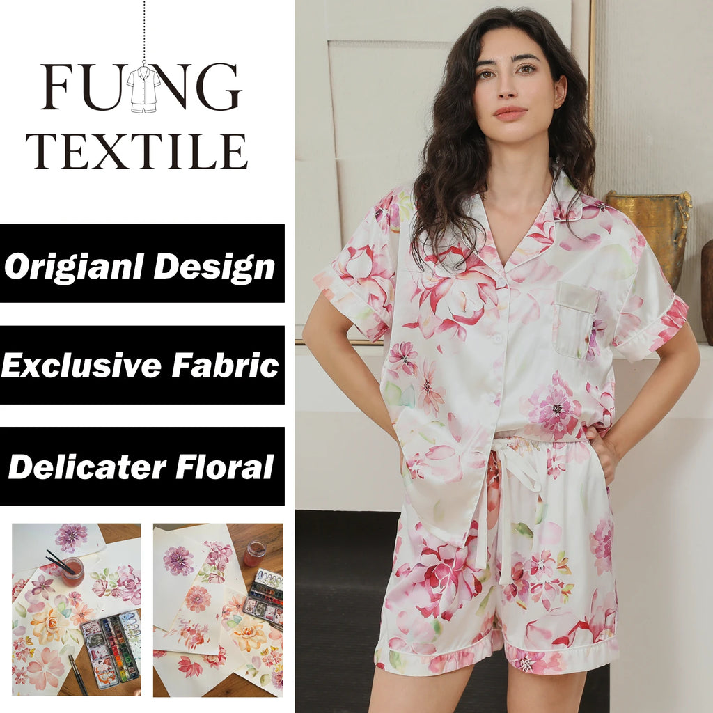 FUNG 8009 Silky Satin Floral Bridesmaid Pajamas, Watercolor Print Short