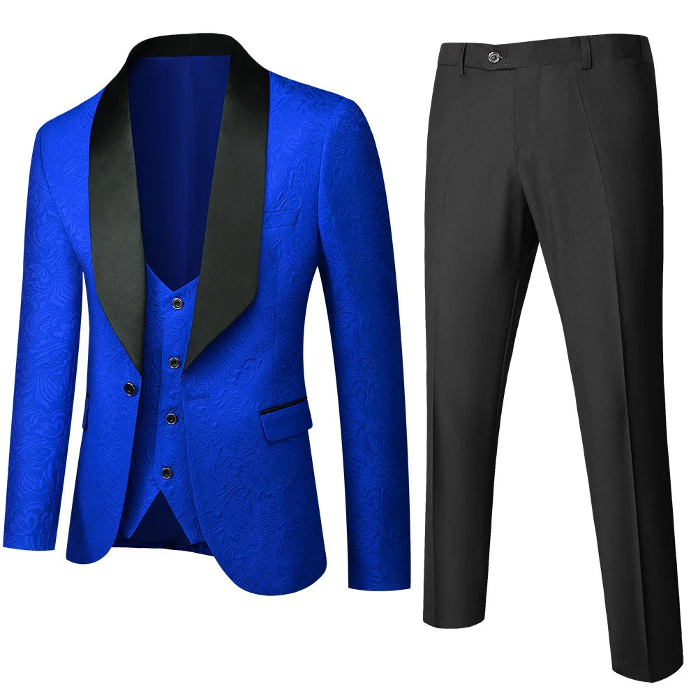 Men's ( Jacket+Vest+Pants ) Wedding Suits White Jacquard Black Satin